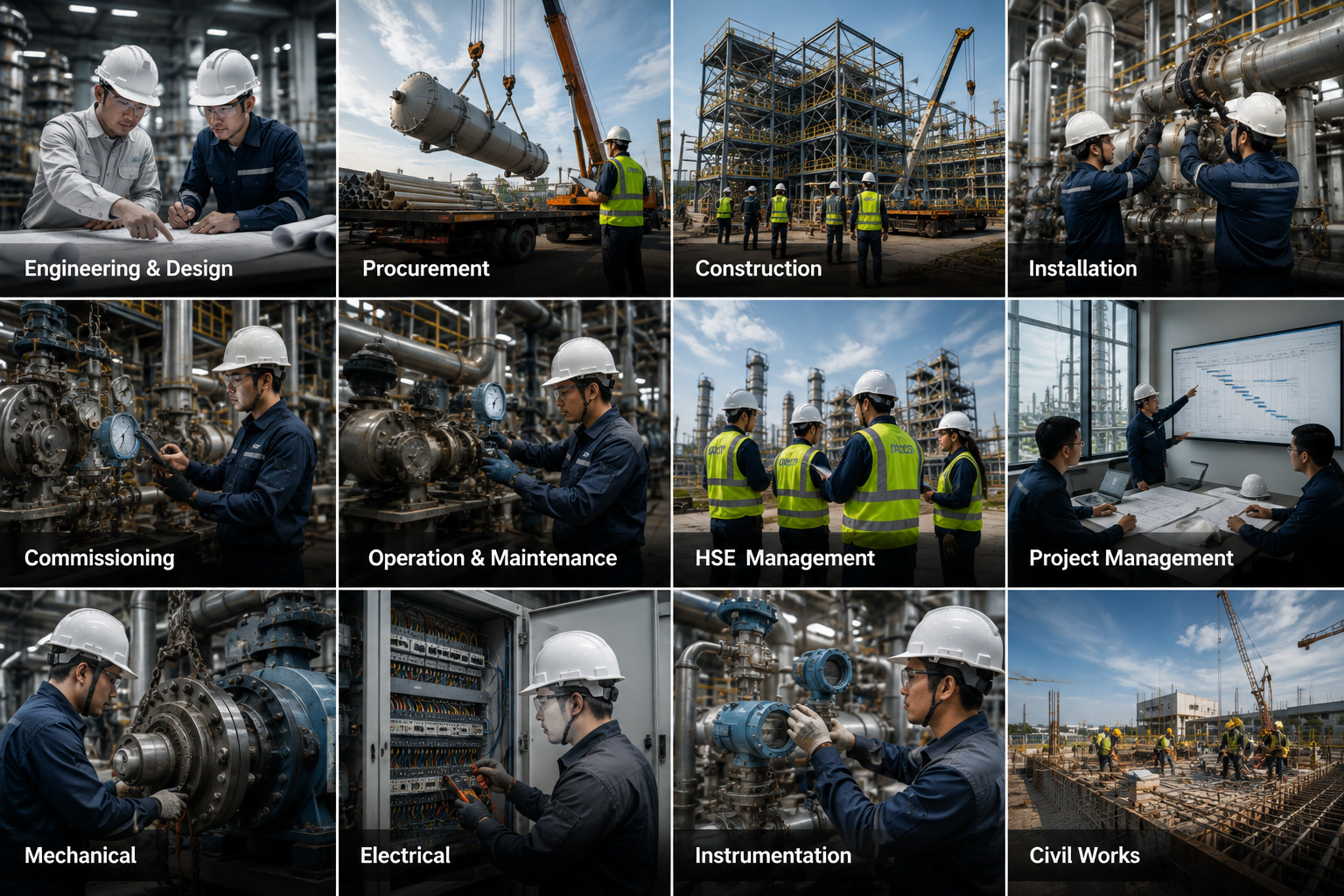 Kolase kapabilitas Engineering, Procurement, Construction, Installation, Commissioning, Maintenance, HSE, Project Management, Mechanical, Electrical, Instrumentation, dan Civil.